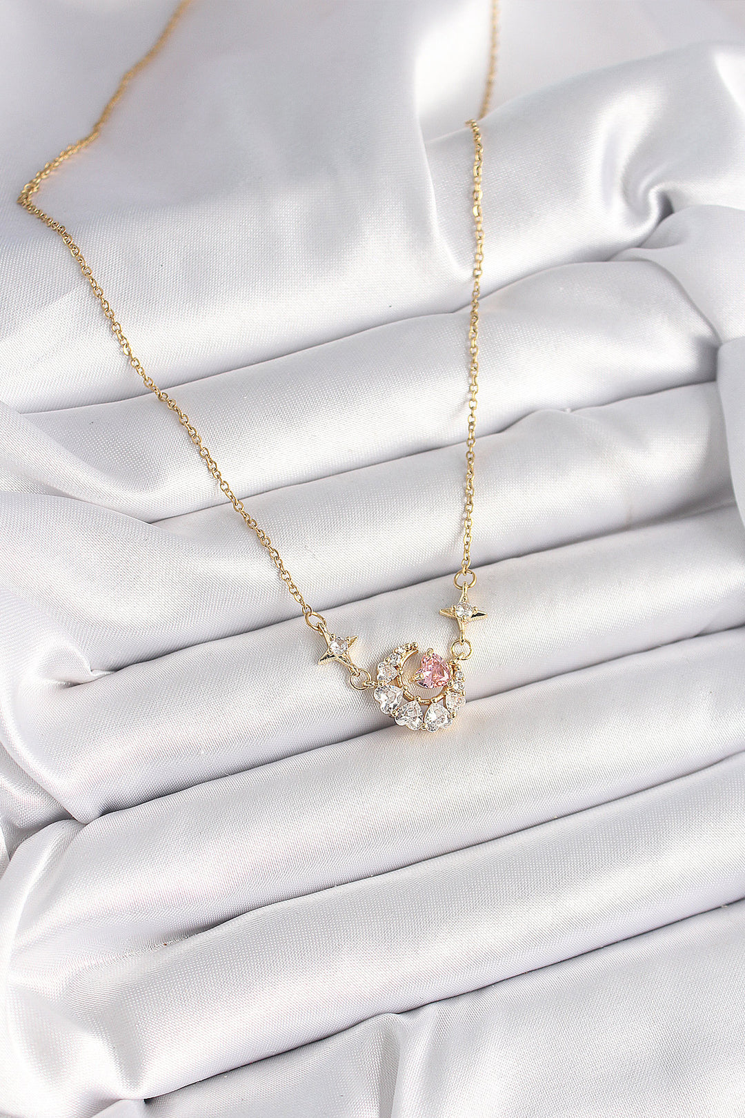 EBJ 316L Steel Gold Color Crescent Pink Heart Model Women's Necklace with Zircon Stone - Pirmasens