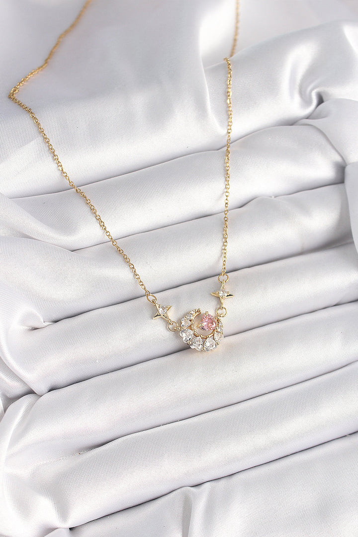 EBJ 316L Steel Gold Color Crescent Pink Heart Model Women's Necklace with Zircon Stone - Pirmasens