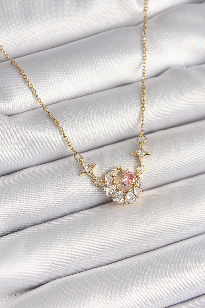 EBJ 316L Steel Gold Color Crescent Pink Heart Model Women's Necklace with Zircon Stone - Pirmasens