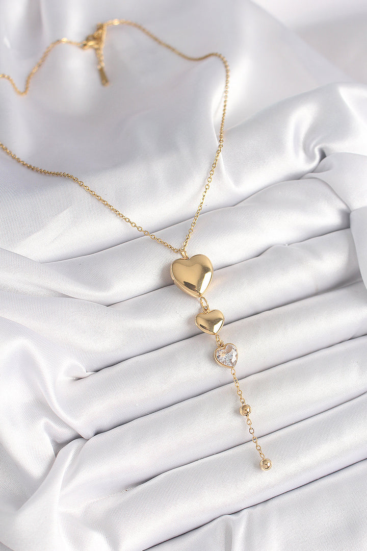 EBJ 316L Steel Gold Color Swinging Heart Model Zircon Stone Detailed Women's Necklace - Dragash