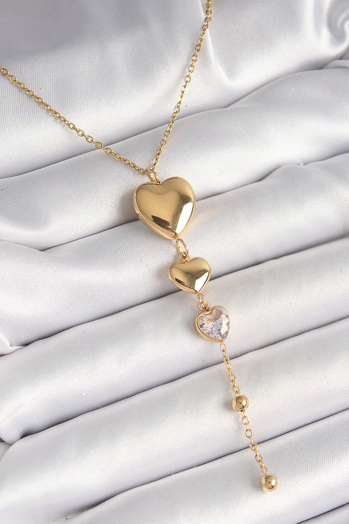 EBJ 316L Steel Gold Color Swinging Heart Model Zircon Stone Detailed Women's Necklace - Dragash