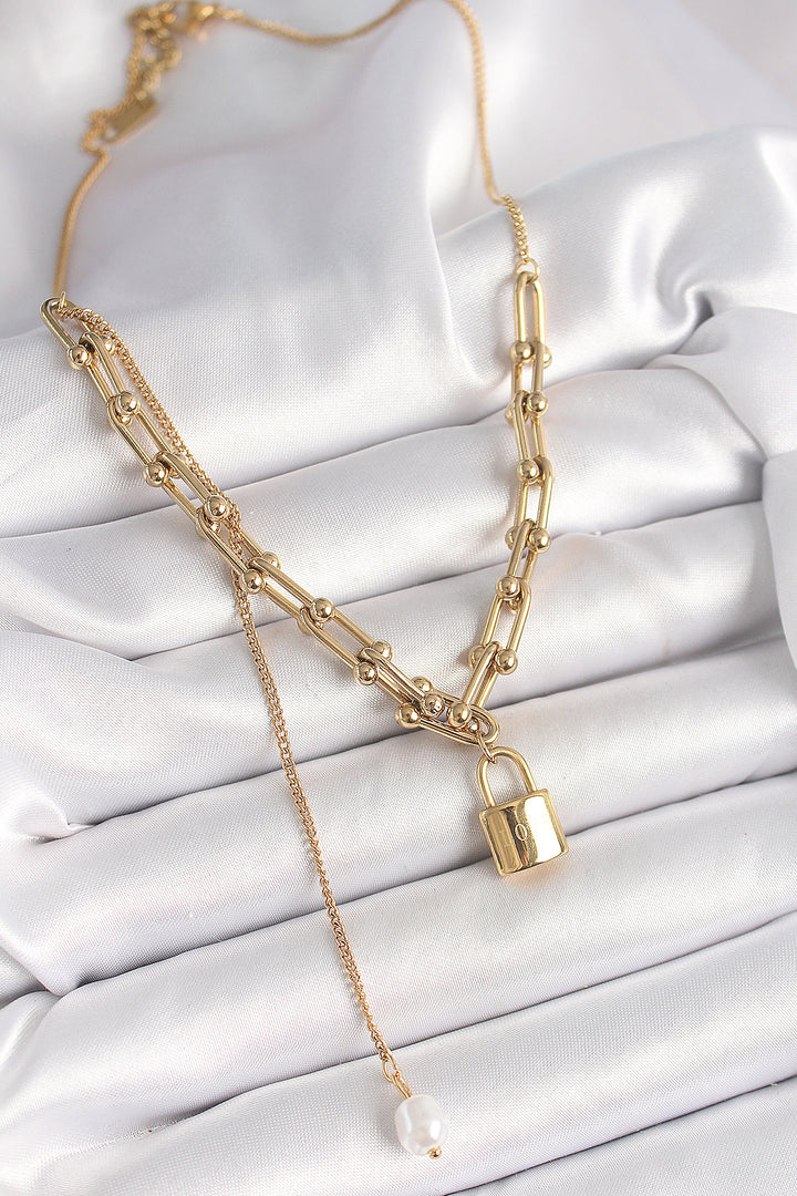 EBJ 316L Stainless Steel Gold Color Tiffany Chain Lock Pendant with Pearl Detail Women's Necklace - Mantes-la-Jolie