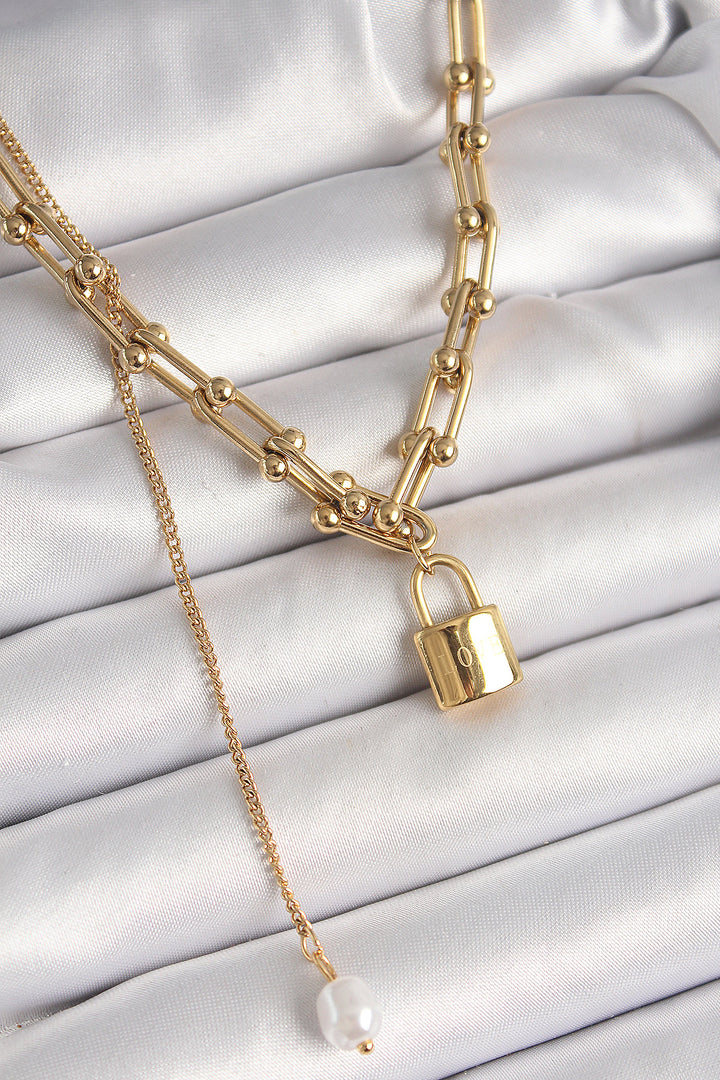 EBJ 316L Stainless Steel Gold Color Tiffany Chain Lock Pendant with Pearl Detail Women's Necklace - Mantes-la-Jolie