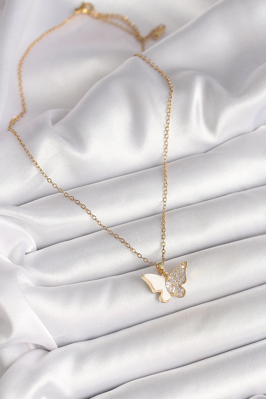 EBJ 316L Steel Gold Color Chain with Zircon Stone White Enamel Butterfly Model Women's Necklace - Moorpark