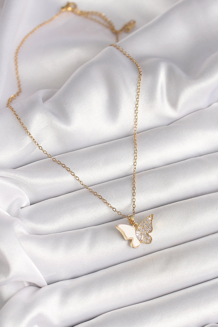 EBJ 316L Steel Gold Color Chain with Zircon Stone White Enamel Butterfly Model Women's Necklace - Moorpark