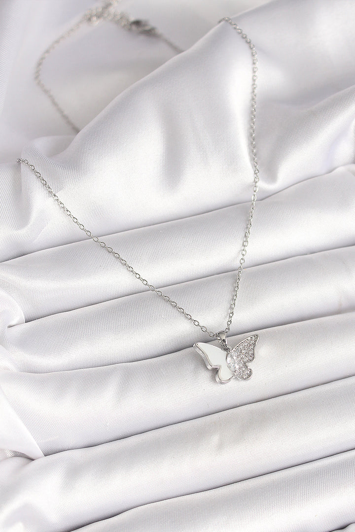 EBJ 316L Stainless Steel Silver Color Chain with Zircon Stone White Enamel Butterfly Model Women's Necklace - Oakville