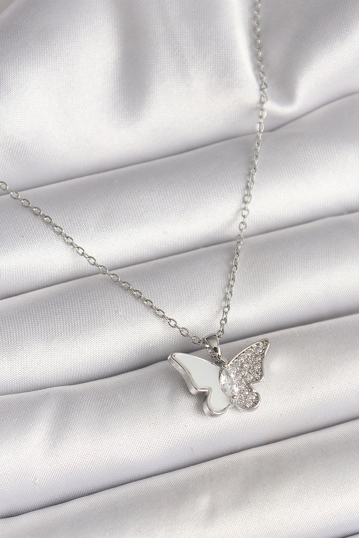 EBJ 316L Stainless Steel Silver Color Chain with Zircon Stone White Enamel Butterfly Model Women's Necklace - Oakville
