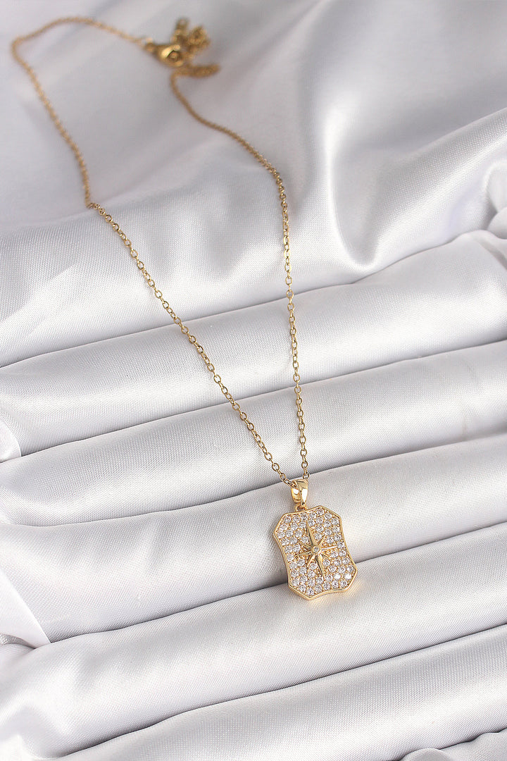 EBJ 316L Steel Gold Color Chain with Zircon Stone Pole Star Embroidered Medal Model Women's Necklace - Cwmbran