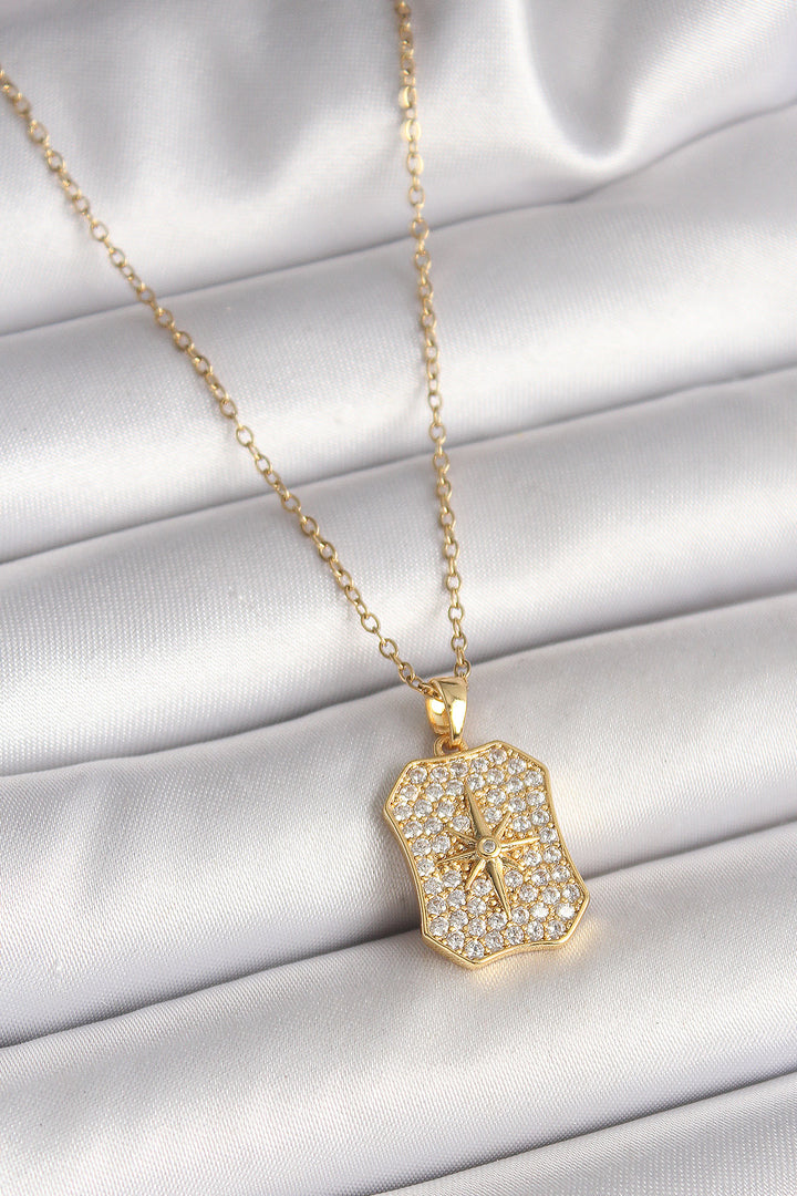 EBJ 316L Steel Gold Color Chain with Zircon Stone Pole Star Embroidered Medal Model Women's Necklace - Cwmbran