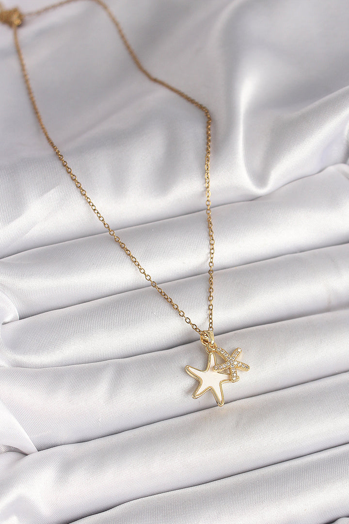 EBJ 316L Steel Gold Color Chain with Zircon Stone White Enamel Starfish Model Women's Necklace - Allen