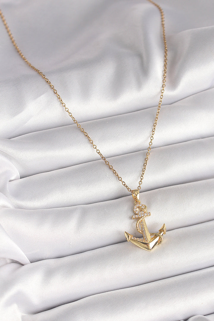 EBJ 316L Steel Gold Color Chain Anchor Model Women's Necklace with Zircon Stone Detail - Solingen