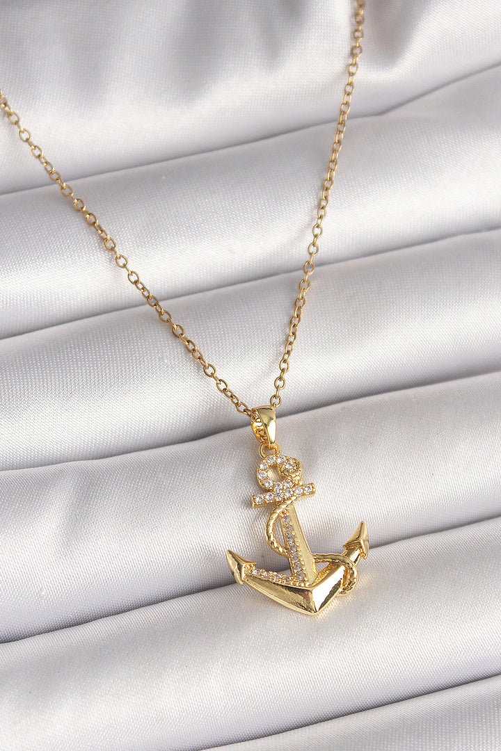 EBJ 316L Steel Gold Color Chain Anchor Model Women's Necklace with Zircon Stone Detail - Solingen