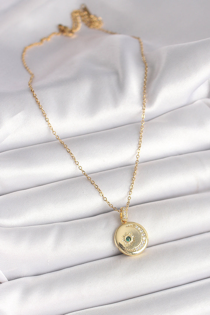 EBJ 316L Steel Gold Color Chain with Zircon Stone Embellished Crescent Moon and Star Embellished Medal Model Women's Necklace - Aliso Viejo
