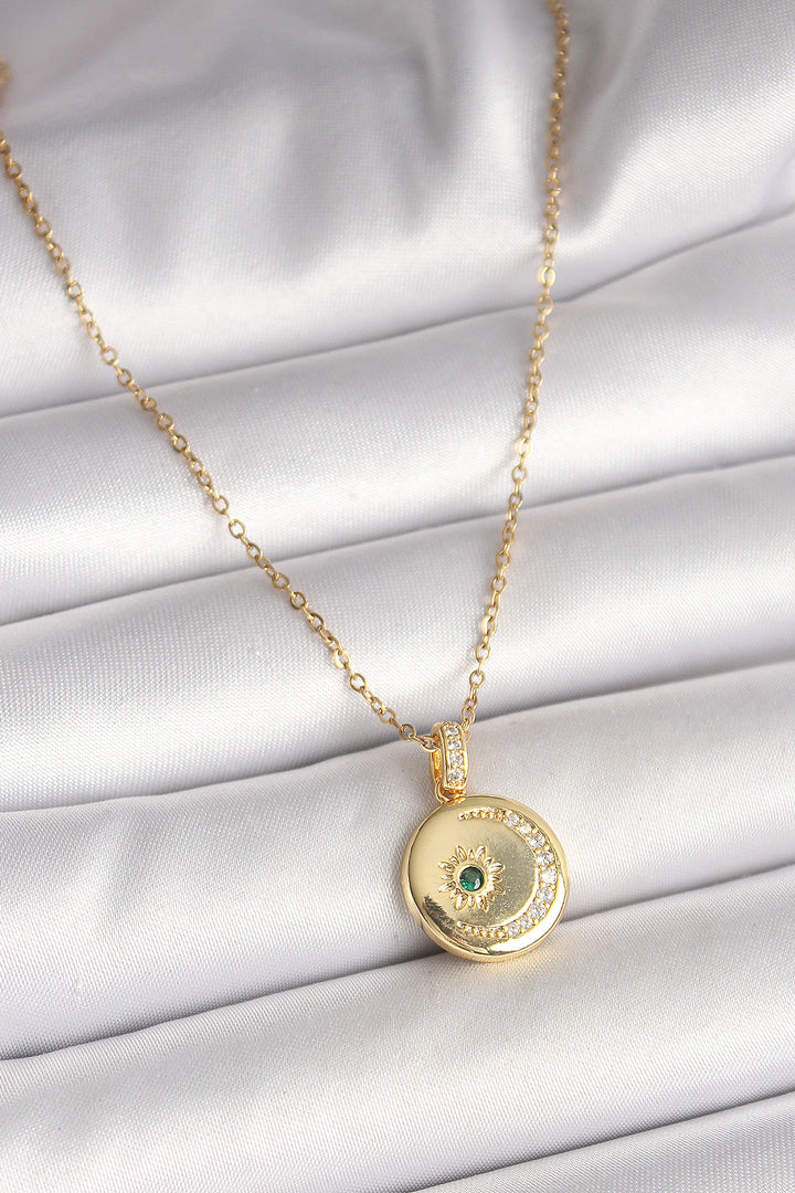 EBJ 316L Steel Gold Color Chain with Zircon Stone Embellished Crescent Moon and Star Embellished Medal Model Women's Necklace - Aliso Viejo