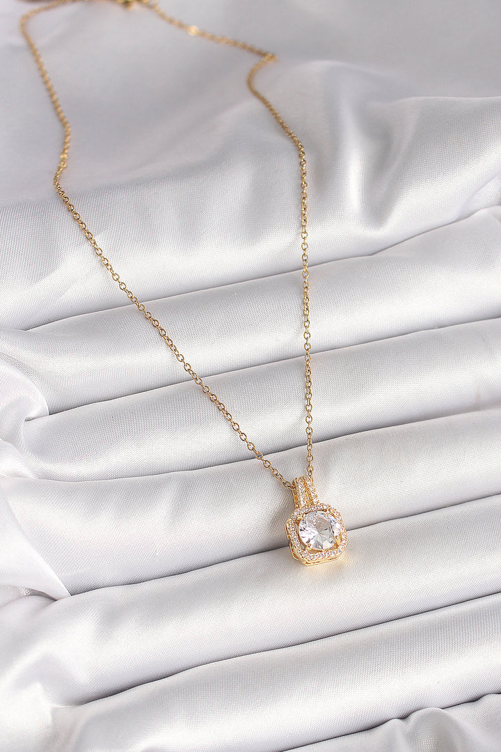 EBJ 316L Steel Gold Color Chain with Zircon Stone Square Model Women's Necklace - Butte