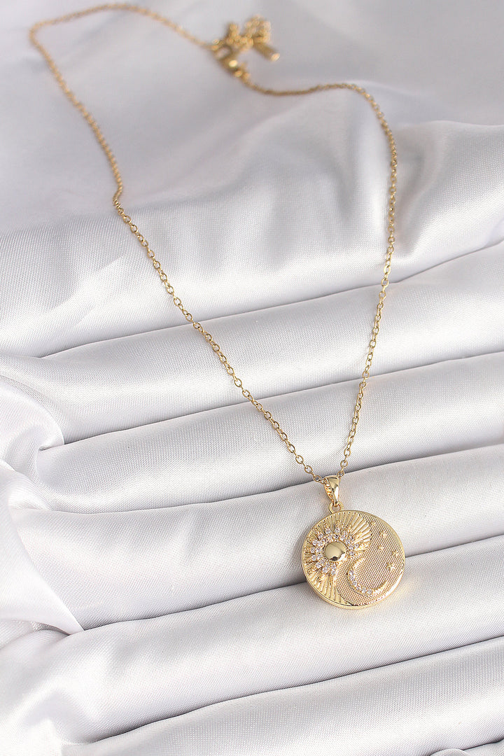 EBJ 316L Steel Gold Color Chain with Zircon Stone Sun and Moon Embellished Pendant Model Women's Necklace - Aguadilla