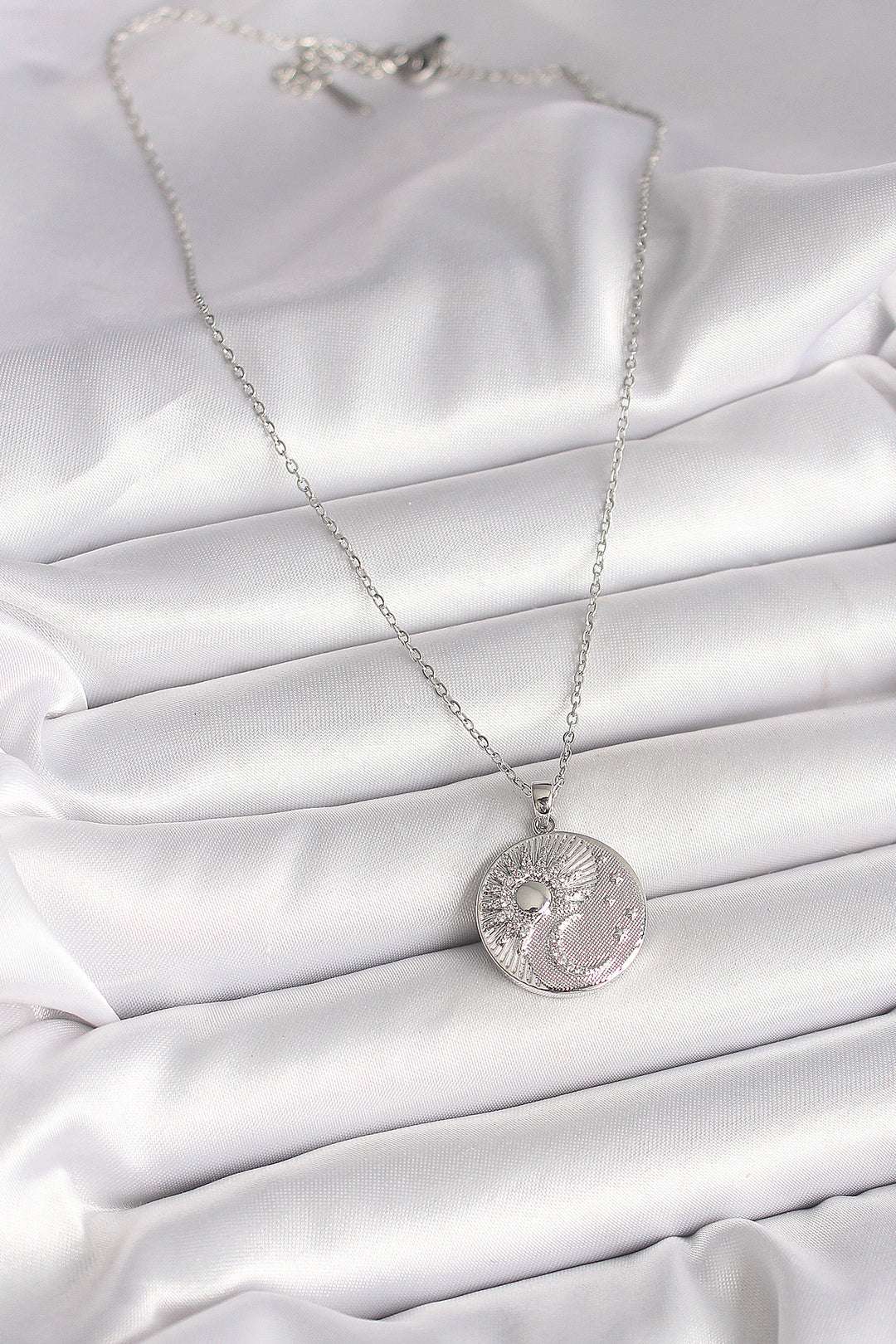 EBJ 316L Stainless Steel Silver Color Chain with Zircon Stone Sun and Moon Embellished Pendant Model Women's Necklace - Coburg