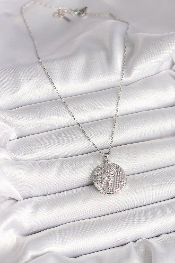 EBJ 316L Stainless Steel Silver Color Chain with Zircon Stone Sun and Moon Embellished Pendant Model Women's Necklace - Coburg