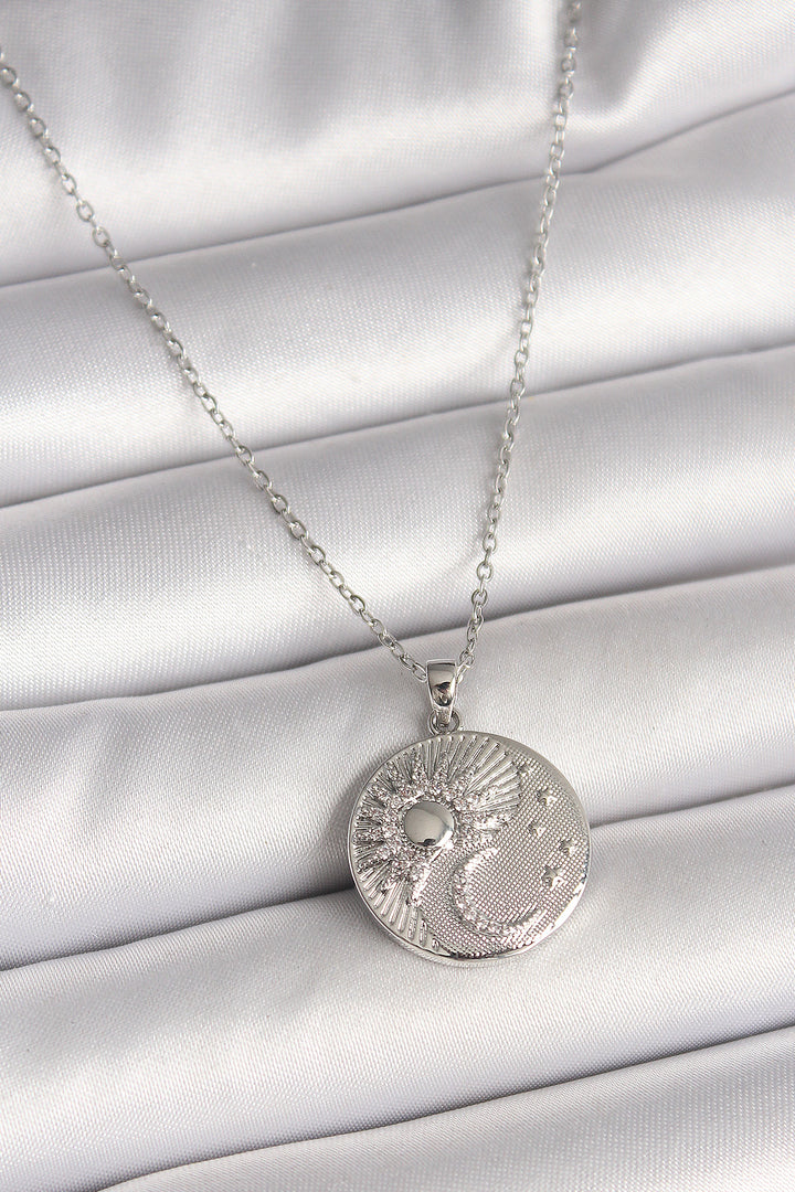 EBJ 316L Stainless Steel Silver Color Chain with Zircon Stone Sun and Moon Embellished Pendant Model Women's Necklace - Coburg