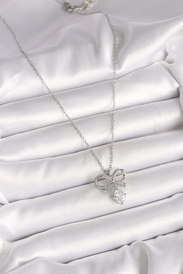 EBJ 316L Stainless Steel Silver Color Chain Ribbon Model Women's Necklace with Zircon Stone - Deerfield Beach