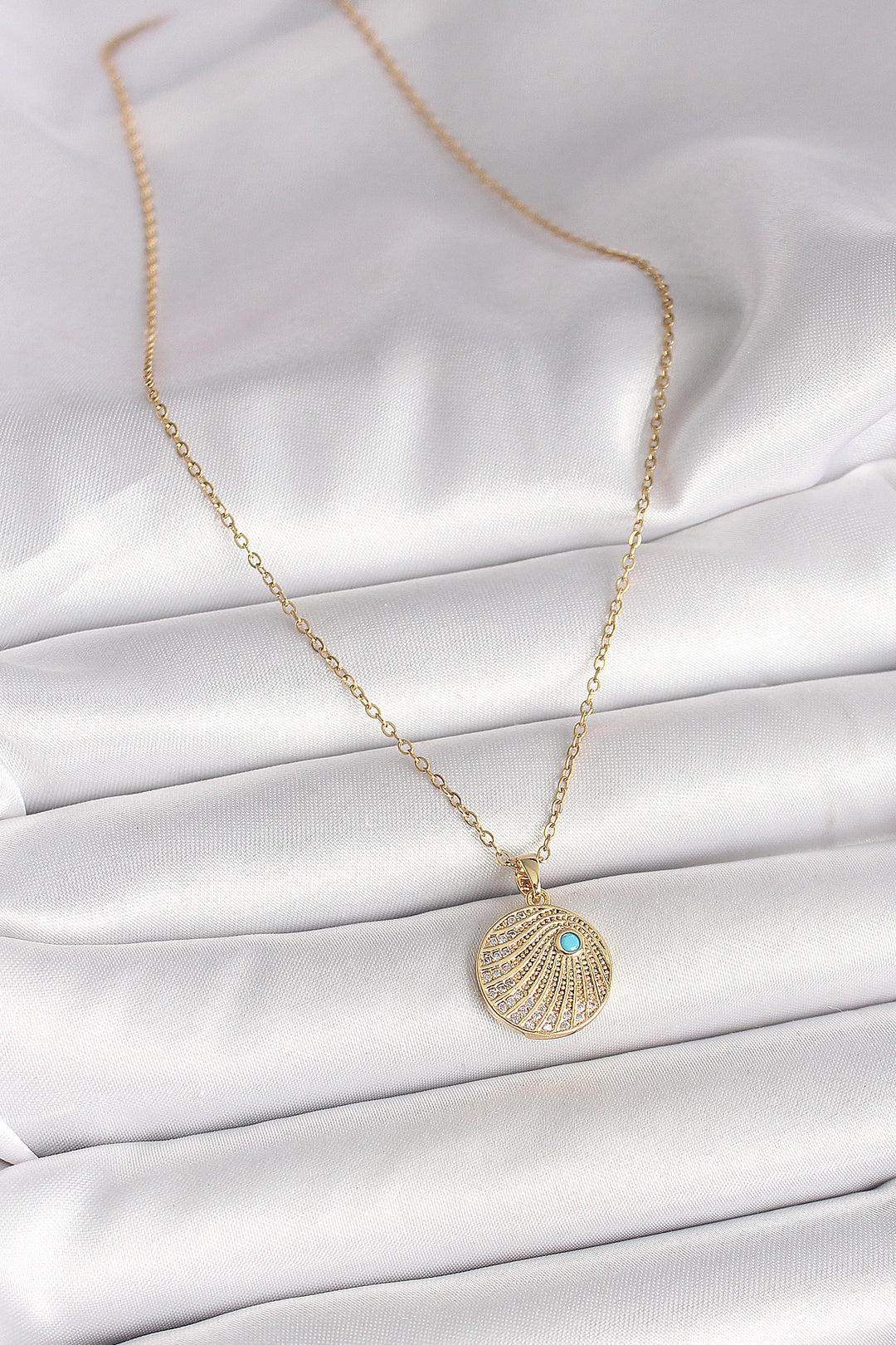 EBJ 316L Steel Gold Color Chain with Zircon Stone Embellished Blue Stone Detailed Pendant Model Women's Necklace - Mission Viejo