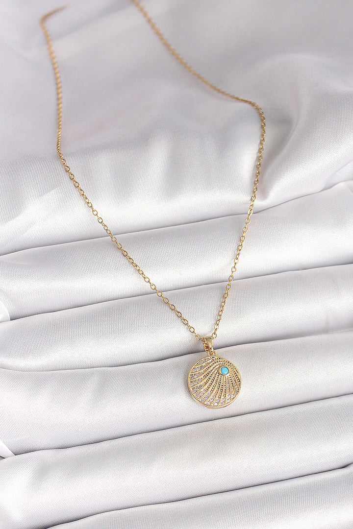 EBJ 316L Steel Gold Color Chain with Zircon Stone Embellished Blue Stone Detailed Pendant Model Women's Necklace - Mission Viejo