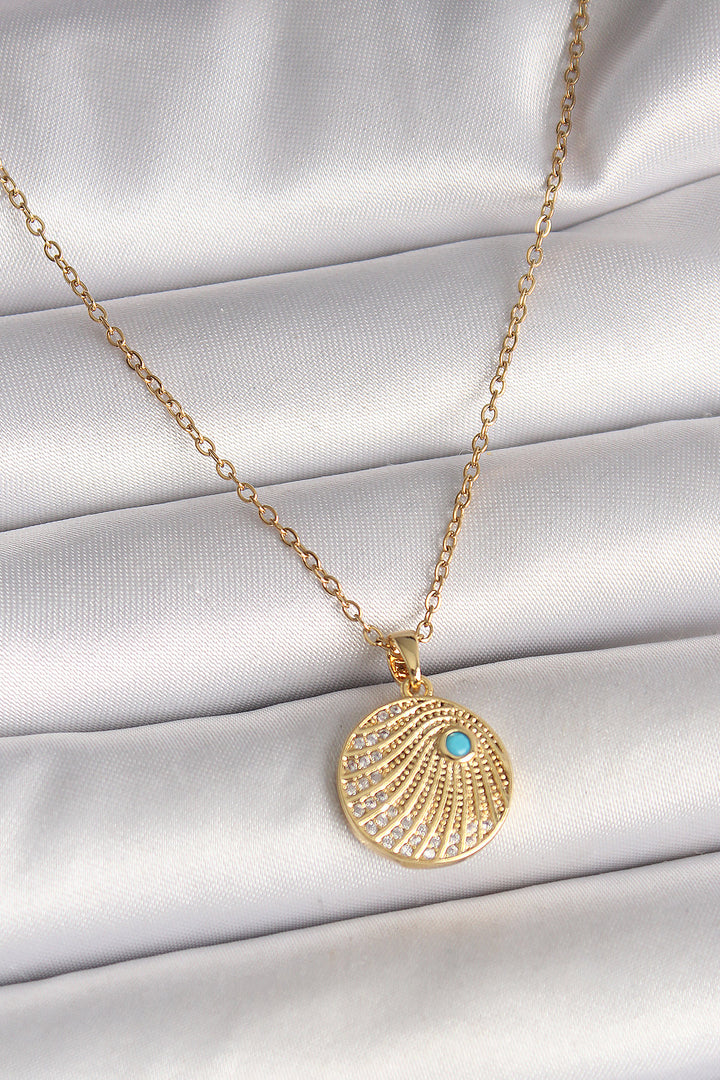 EBJ 316L Steel Gold Color Chain with Zircon Stone Embellished Blue Stone Detailed Pendant Model Women's Necklace - Mission Viejo