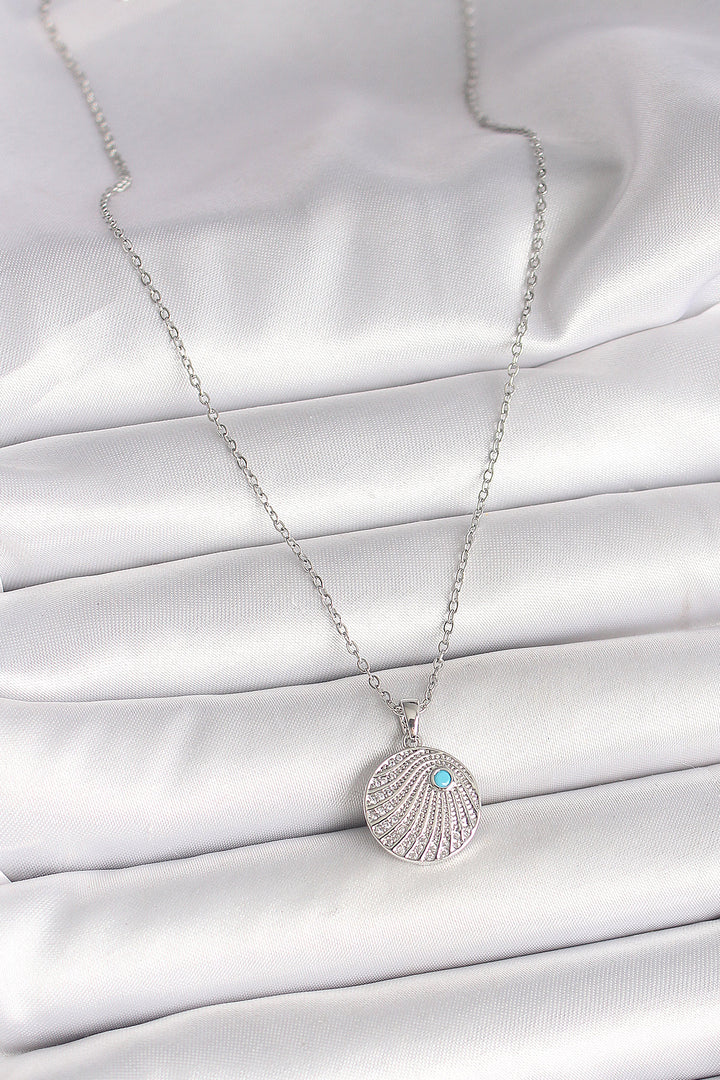 EBJ 316L Stainless Steel Silver Color Chain with Zircon Stone Blue Stone Detailed Pendant Model Women's Necklace - Neunkirchen