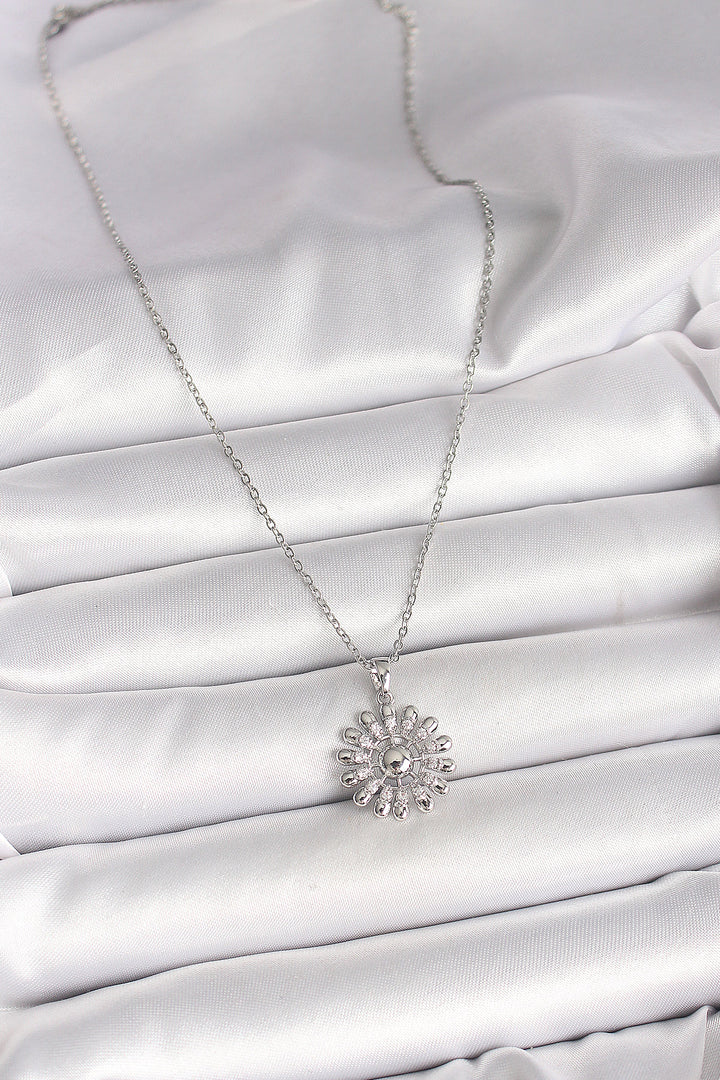 EBJ 316L Stainless Steel Silver Color Chain Sun Design Women's Necklace with Zircon Stone - Vergína