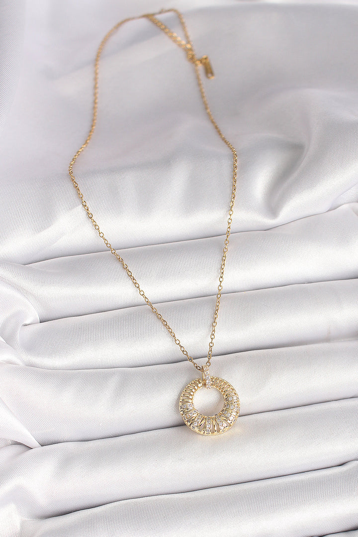 EBJ 316L Steel Gold Color Chain with Zircon Stone Embellished Round Model Women's Necklace - Burien