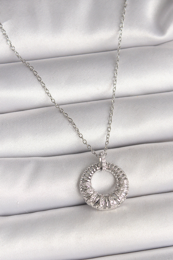 EBJ 316L Stainless Steel Silver Color Chain with Zircon Stone Embellished Round Model Women's Necklace - Tlalmanalco