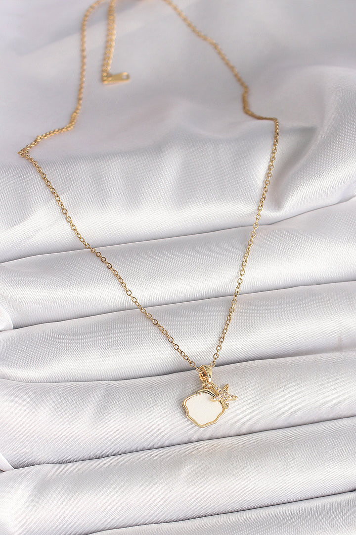 EBJ 316L Steel Gold Color Chain Dangle White Enamel Sea Shell with Zircon Stone Starfish Figure Women's Necklace - Pylaía