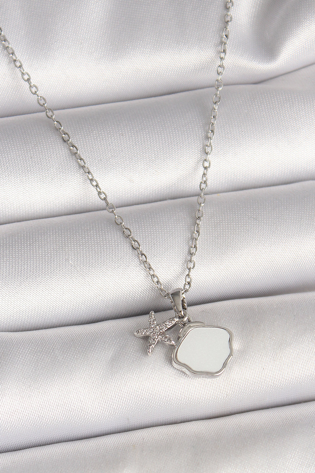 EBJ 316L Stainless Steel Silver Color Chain Pendant White Enamel Sea Shell with Zircon Stone Starfish Figure Women's Necklace - Scarborough
