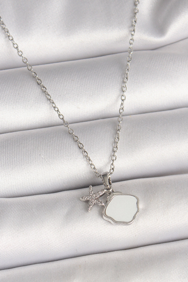 EBJ 316L Stainless Steel Silver Color Chain Pendant White Enamel Sea Shell with Zircon Stone Starfish Figure Women's Necklace - Scarborough