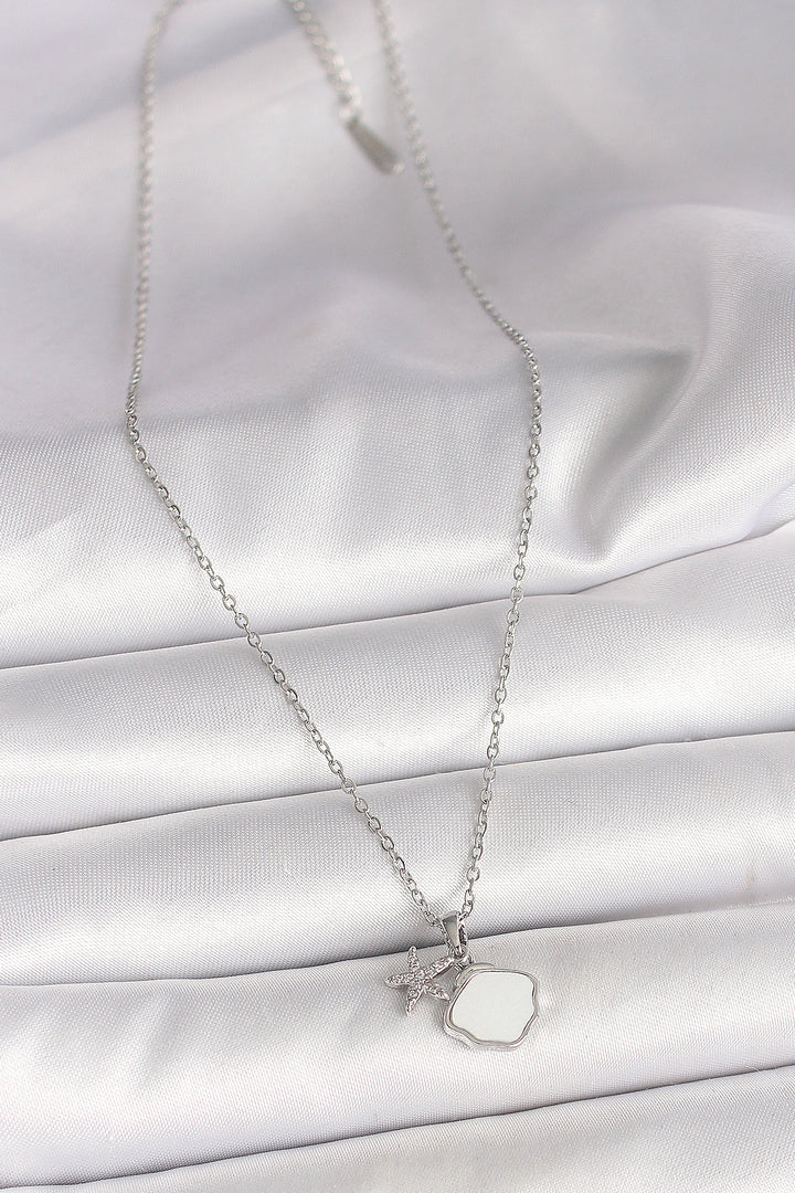 EBJ 316L Stainless Steel Silver Color Chain Pendant White Enamel Sea Shell with Zircon Stone Starfish Figure Women's Necklace - Scarborough