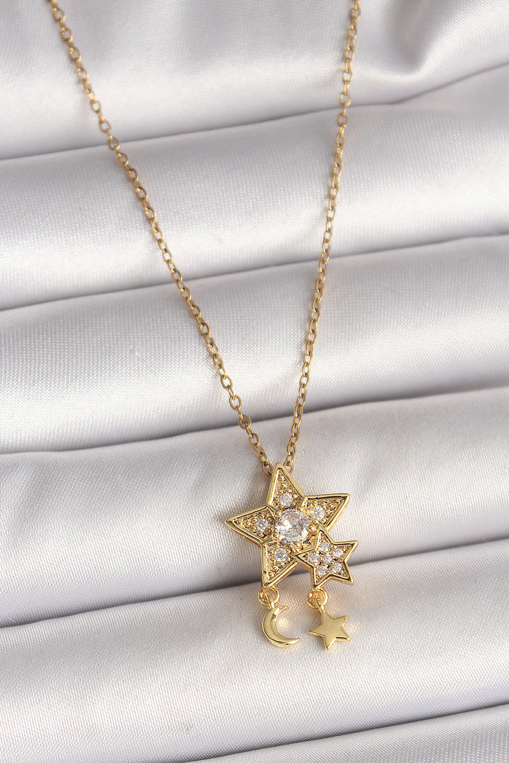 EBJ 316L Steel Gold Color Chain with Zircon Stone Star Model Pendant Crescent Star Detail Women's Necklace - Lawton