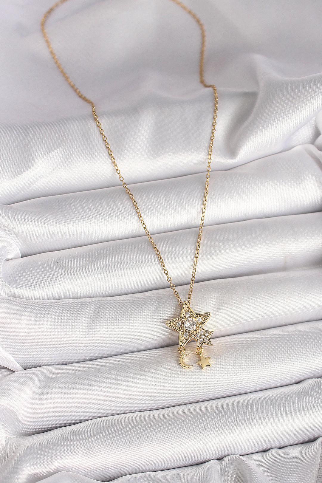 EBJ 316L Steel Gold Color Chain with Zircon Stone Star Model Pendant Crescent Star Detail Women's Necklace - Lawton