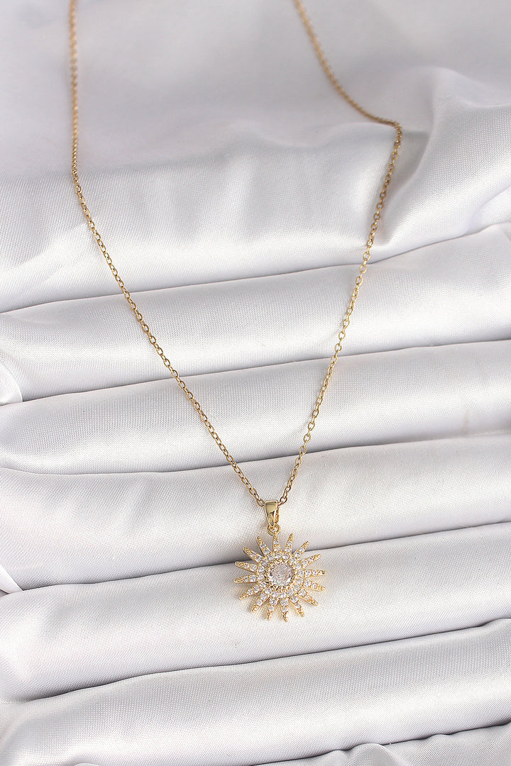 EBJ 316L Steel Gold Color Chain with Zircon Stone Sun Design Women's Necklace - Delft