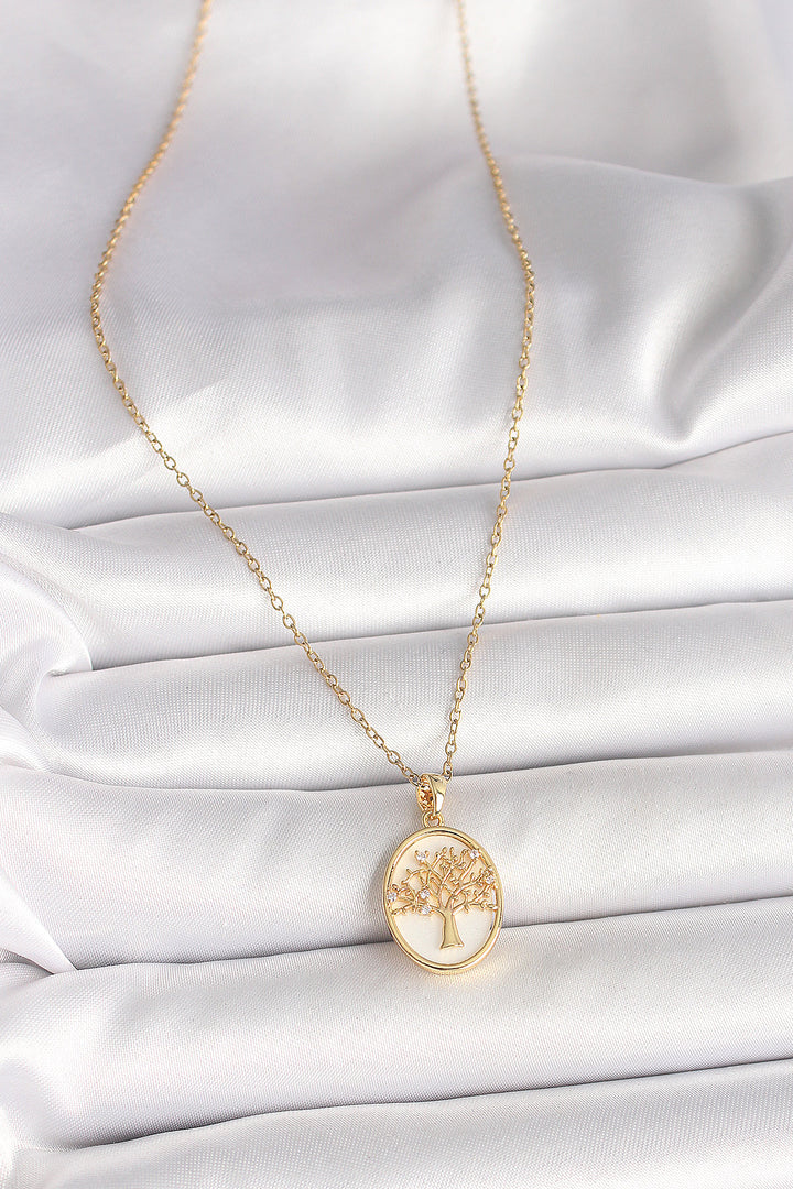 EBJ 316L Steel Gold Color Chain Zircon Stone Detailed White Enamel Tree Embroidered Portrait Model Women's Necklace - Freiberg