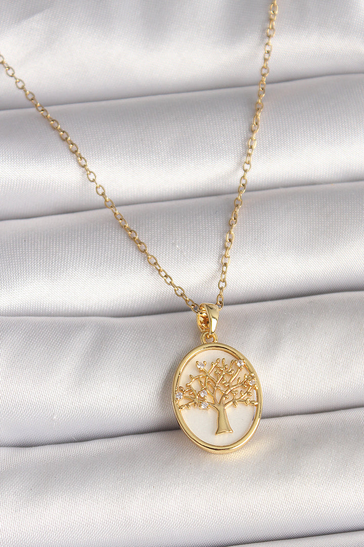EBJ 316L Steel Gold Color Chain Zircon Stone Detailed White Enamel Tree Embroidered Portrait Model Women's Necklace - Freiberg