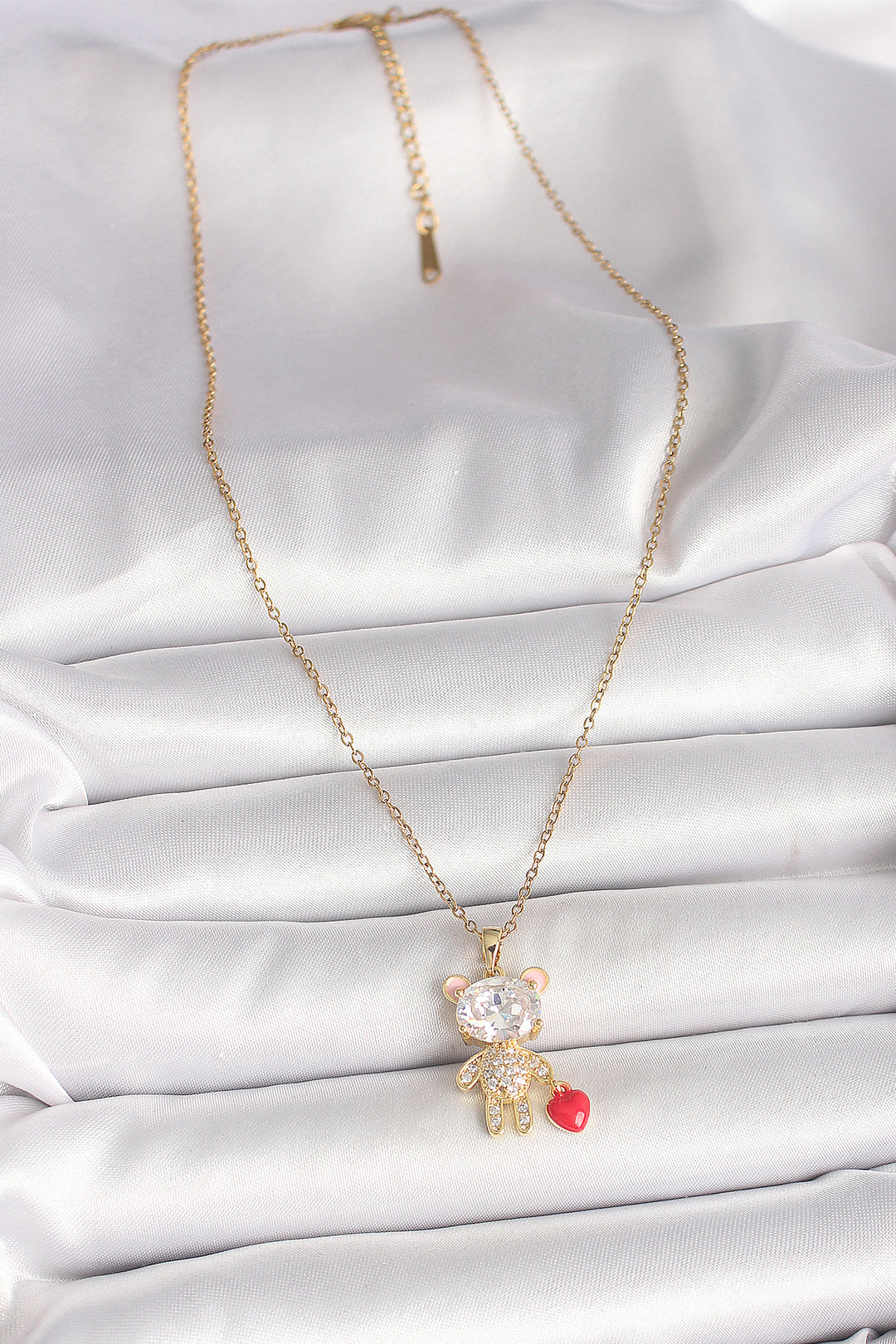 EBJ 316L Steel Gold Color Chain with Zircon Stone Teddy Bear Model Red Heart Detail Women's Necklace - Great Yarmouth