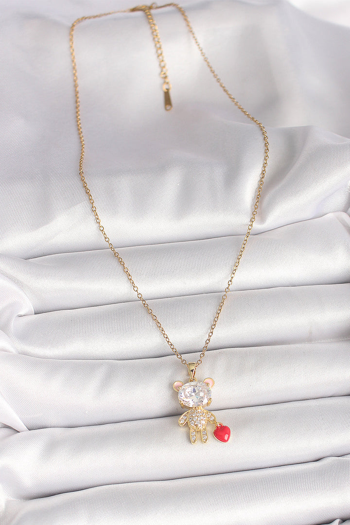 EBJ 316L Steel Gold Color Chain with Zircon Stone Teddy Bear Model Red Heart Detail Women's Necklace - Great Yarmouth