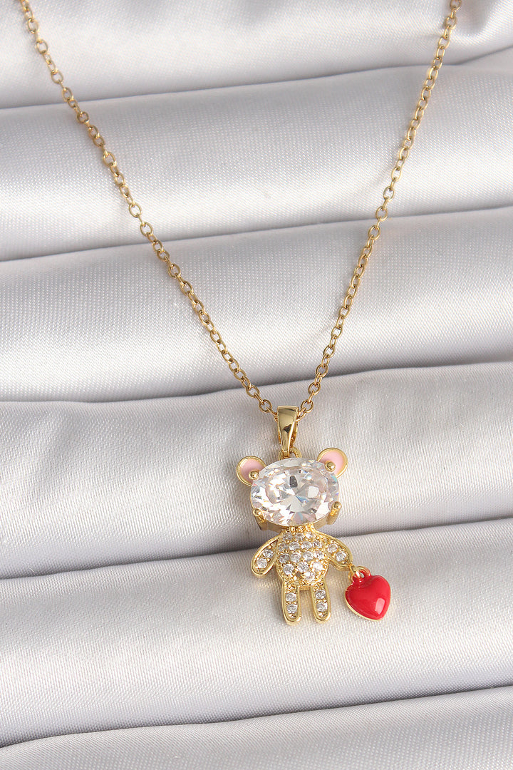 EBJ 316L Steel Gold Color Chain with Zircon Stone Teddy Bear Model Red Heart Detail Women's Necklace - Great Yarmouth