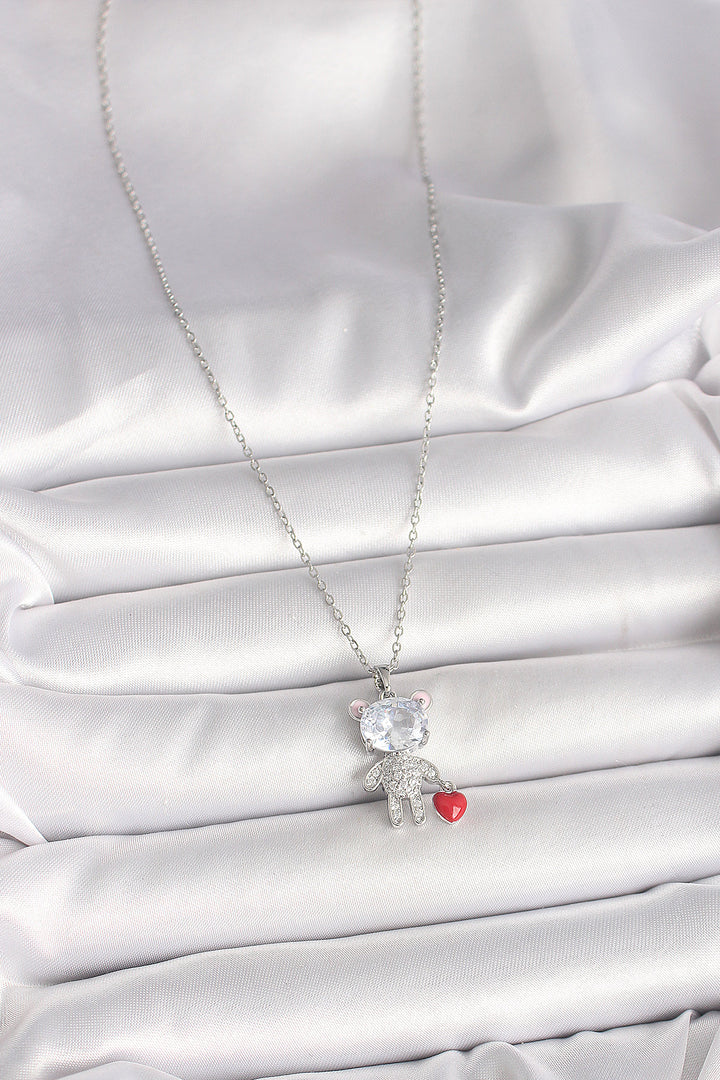 EBJ 316L Stainless Steel Silver Color Chain with Zircon Stone Teddy Bear Model Red Heart Detail Women's Necklace - Harrisonburg