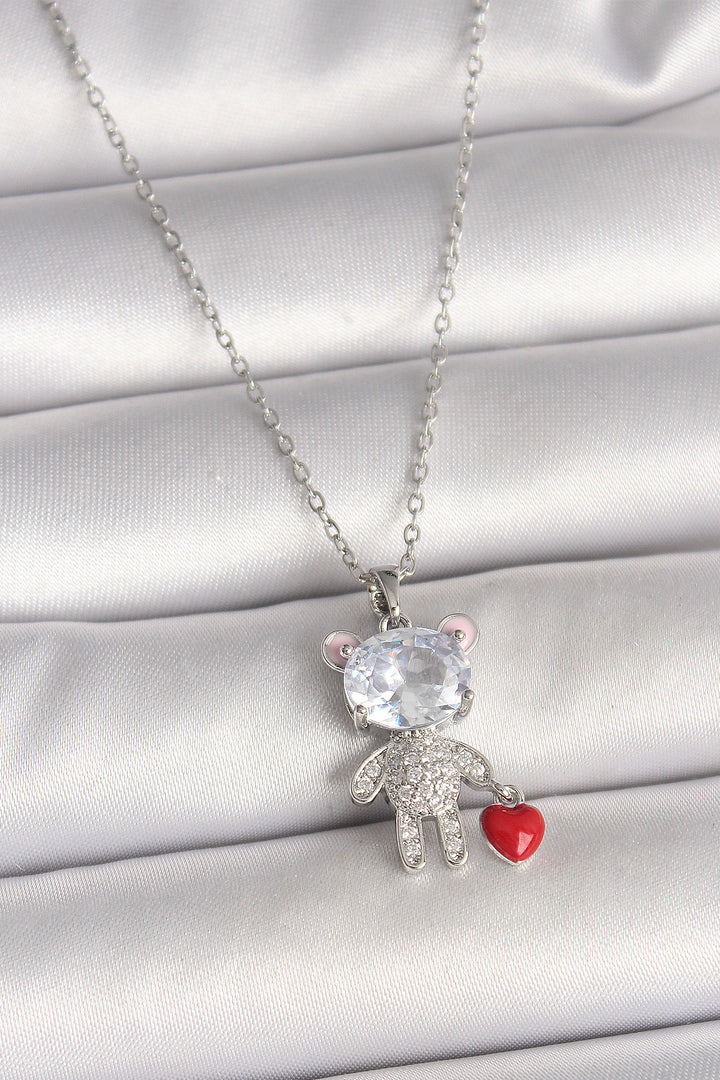 EBJ 316L Stainless Steel Silver Color Chain with Zircon Stone Teddy Bear Model Red Heart Detail Women's Necklace - Harrisonburg
