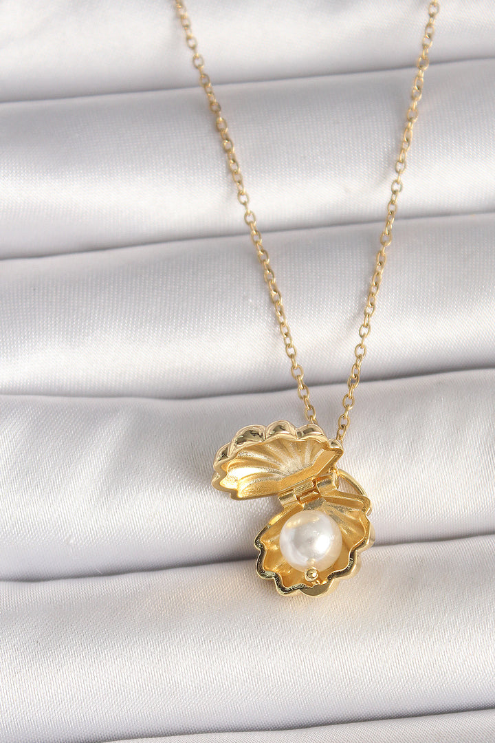 EBJ 316L Steel Gold Color Chain Openable Pearl Clam Model Women's Necklace - Largo