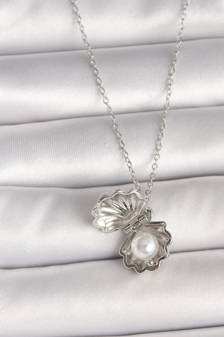 EBJ 316L Stainless Steel Silver Color Chain Openable Pearl Clam Model Women's Necklace - Tijuana