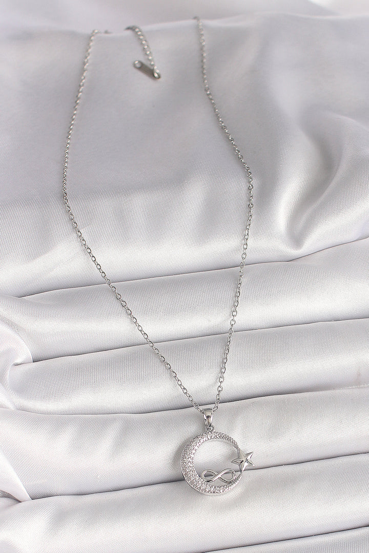 EBJ 316L Stainless Steel Silver Color Chain with Zircon Stone Crescent Moon Star Model Infinity Detail Women's Necklace - McLean