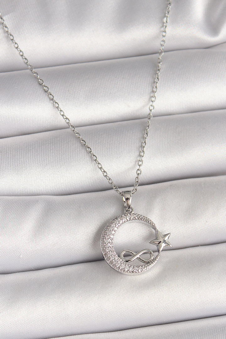 EBJ 316L Stainless Steel Silver Color Chain with Zircon Stone Crescent Moon Star Model Infinity Detail Women's Necklace - McLean
