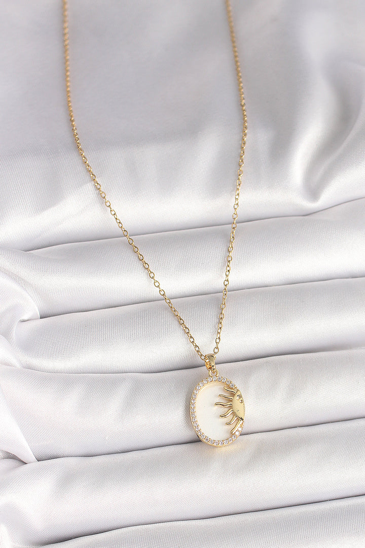 EBJ 316L Steel Gold Color Chain White Enamel Sunset Model Zircon Stone Detail Women's Necklace - Anniston